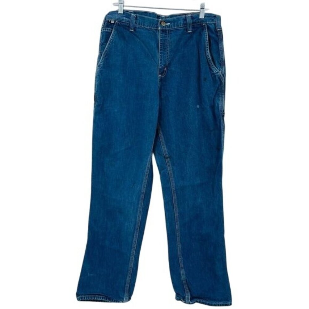 Carhartt Fire Resistant Carpenter Jeans Mens 34 Blue Workwear Stained Rigid